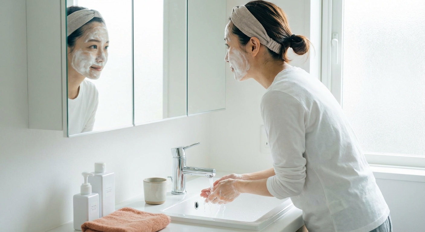 洗顔と泡パックを短時間で済ませる時短ケアをイメージしたプリュ向けの説明画像