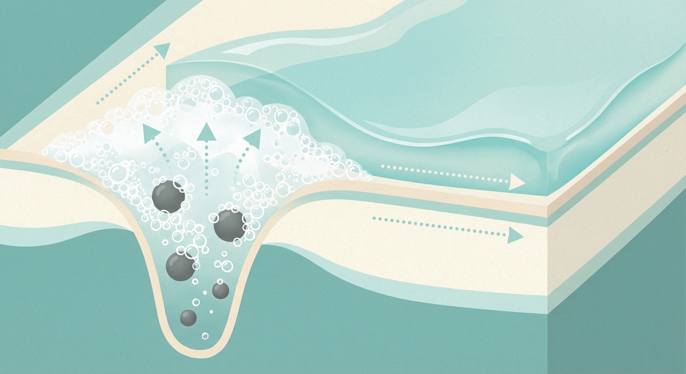 黒の炭酸泡が毛穴汚れに吸着しながらうるおいも残すイメージ