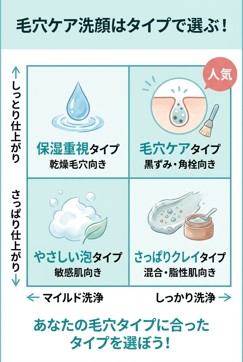 毛穴タイプ×洗浄力で4タイプに分かれる選び方マップ