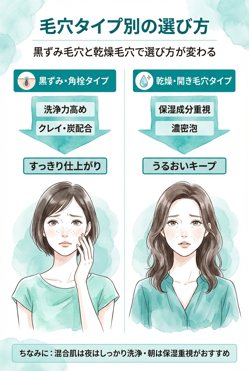黒ずみ毛穴・角栓毛穴・乾燥毛穴など毛穴タイプ別の選び方図解