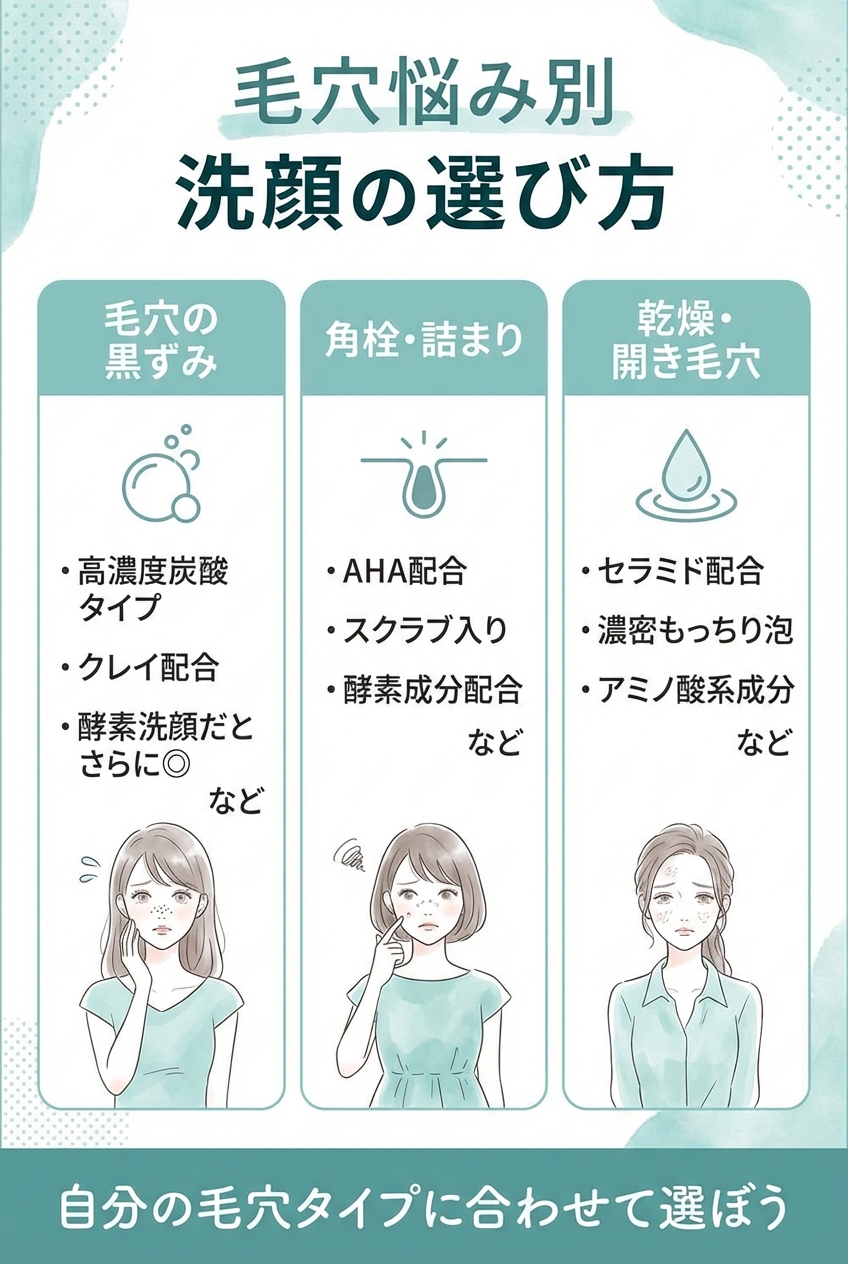 毛穴の黒ずみ・角栓・くすみなど毛穴悩み別の洗顔選び方ガイド