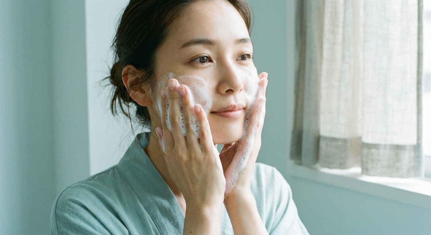 顔全体に泡を広げてやさしく洗うイメージ